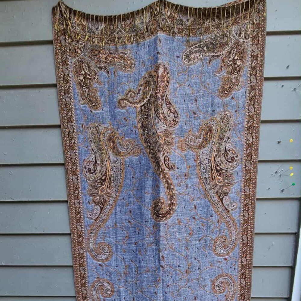 Denim Blue Brown Gold Pashmina & Skilk Pashmina